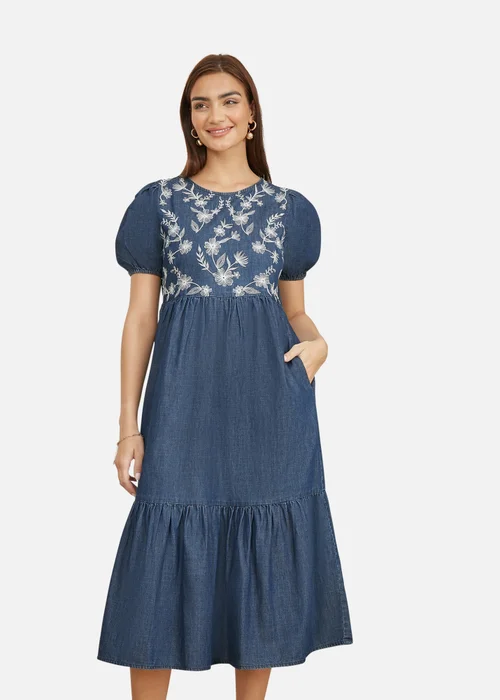 Yumi Blue Chambray Denim Midi Dress With Embroidery & Puff Sleeves - 8 Image 1