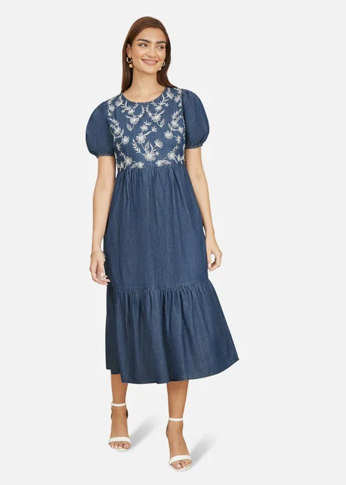 Yumi Blue Chambray Denim Midi Dress With Embroidery & Puff Sleeves - 8 Image 2
