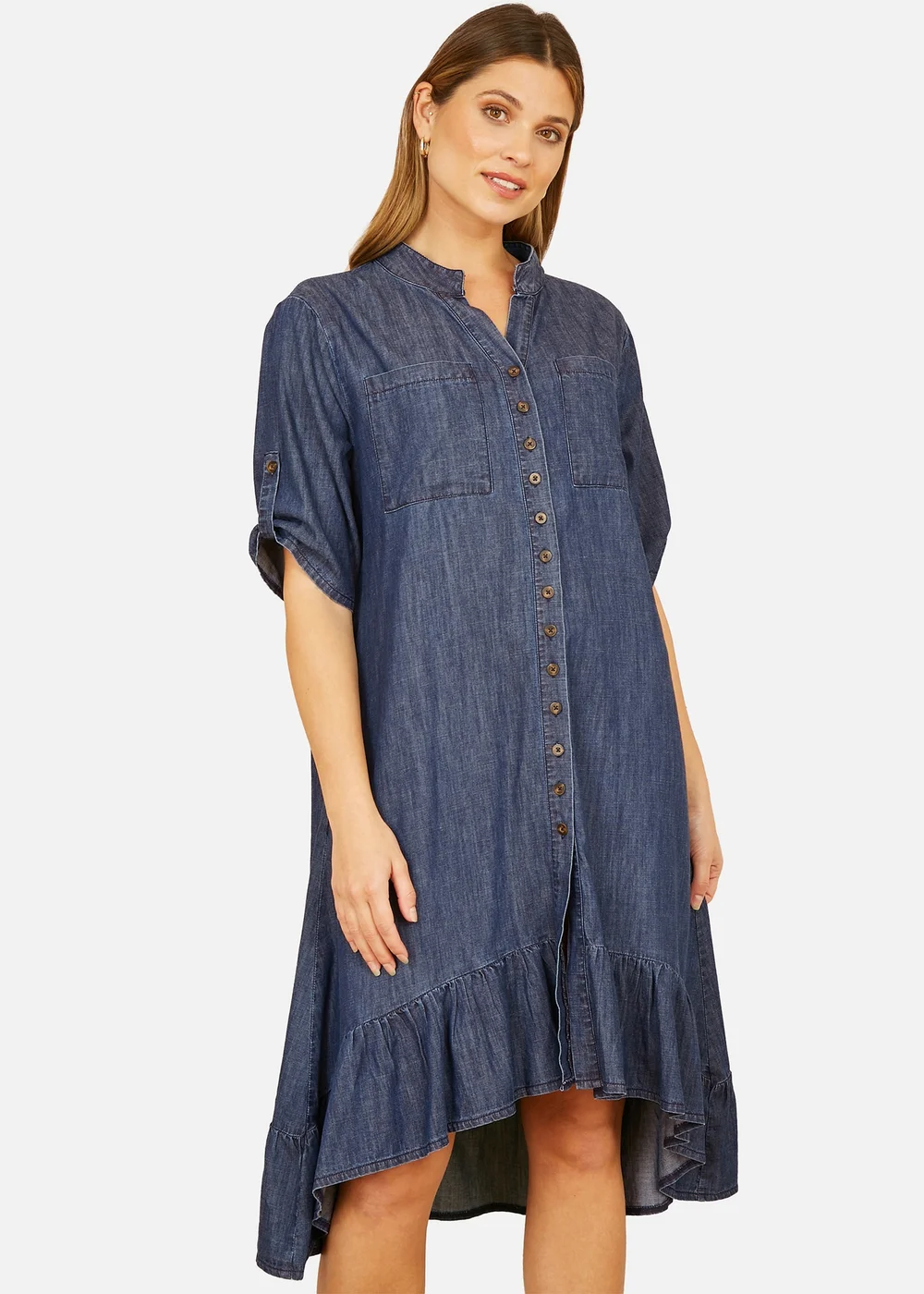Yumi Blue Chambray Denim Dip Hem Relaxed Fit Shirt Dress - L Image 2