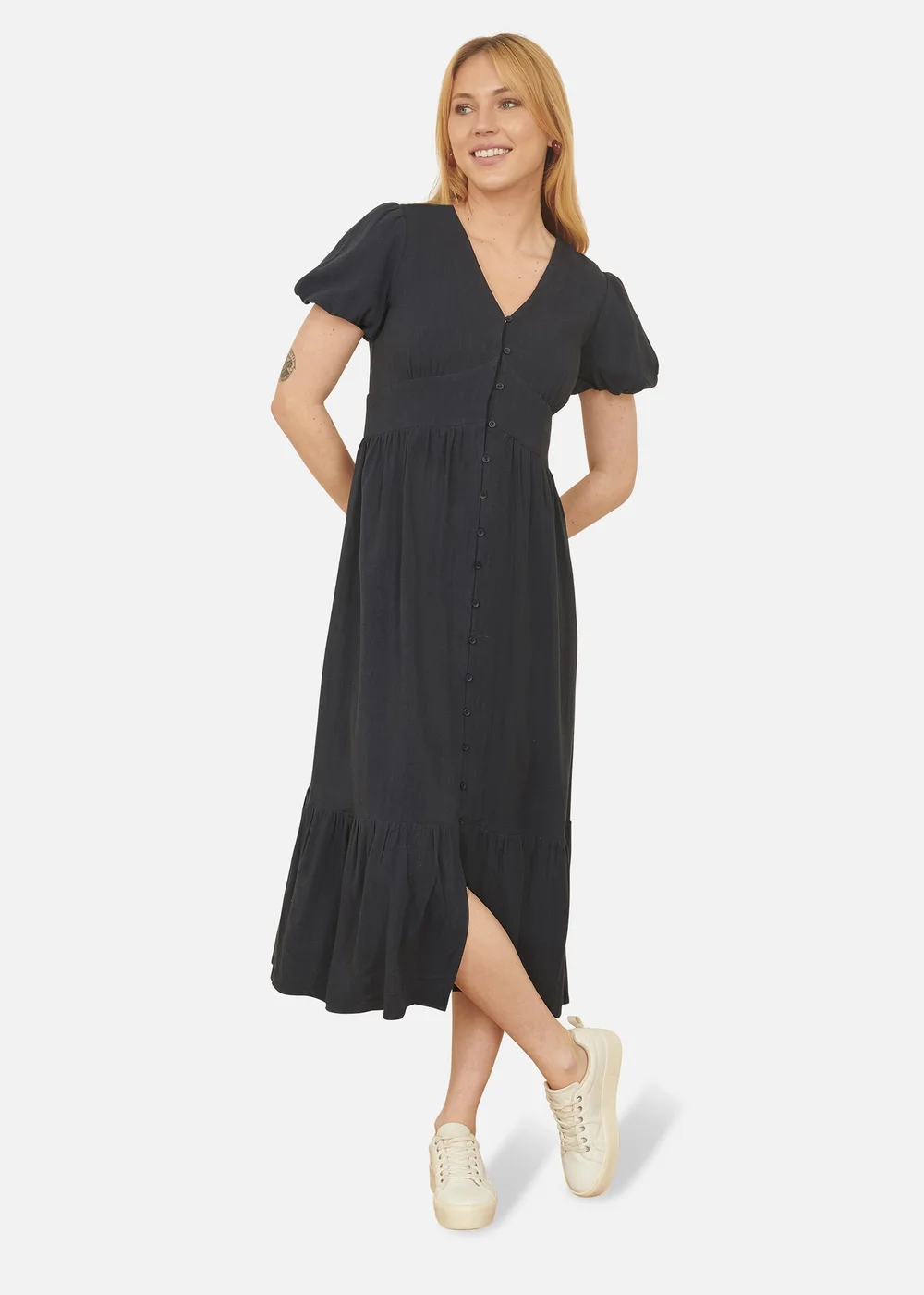 Yumi Navy Viscose Button Through Midi Dress - 14 Image 2