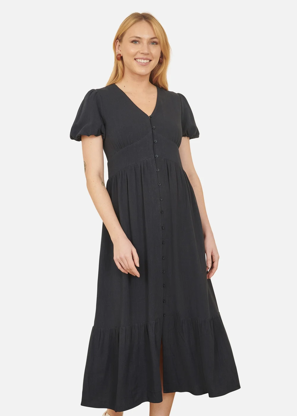 Yumi Navy Viscose Button Through Midi Dress - 14 Image 1
