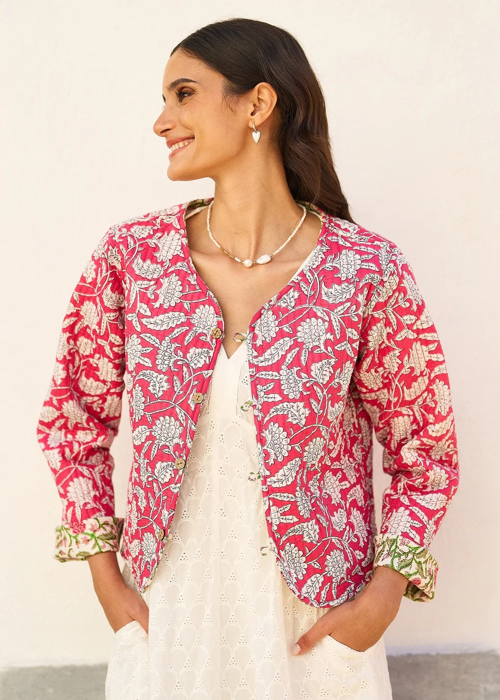 Yumi White Floral Reversible Cotton Quilted Jacket - 14 Image 2