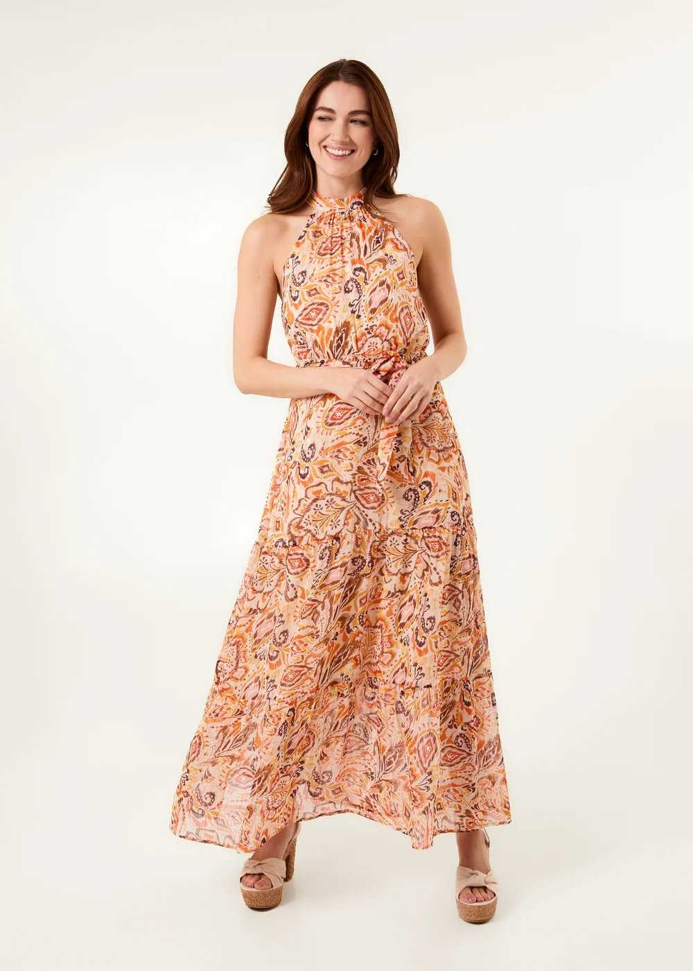 Blue Vanilla Orange Halter Neck Belted Waist Maxi Dress - 16 Image 1