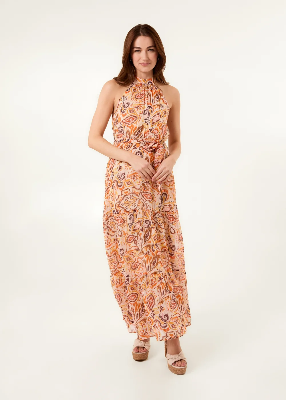 Blue Vanilla Orange Halter Neck Belted Waist Maxi Dress - 16 Image 3