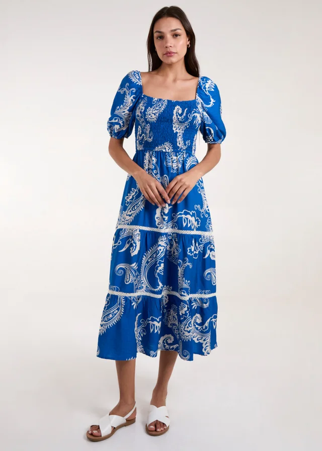 Blue Vanilla Blue Square Neck Puff Sleeve Shirred Waist Midi Dress