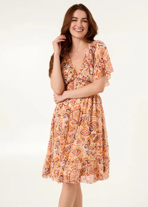 Blue Vanilla Orange V Neck Shirred Waist Mini Dress - L/XL Image 1