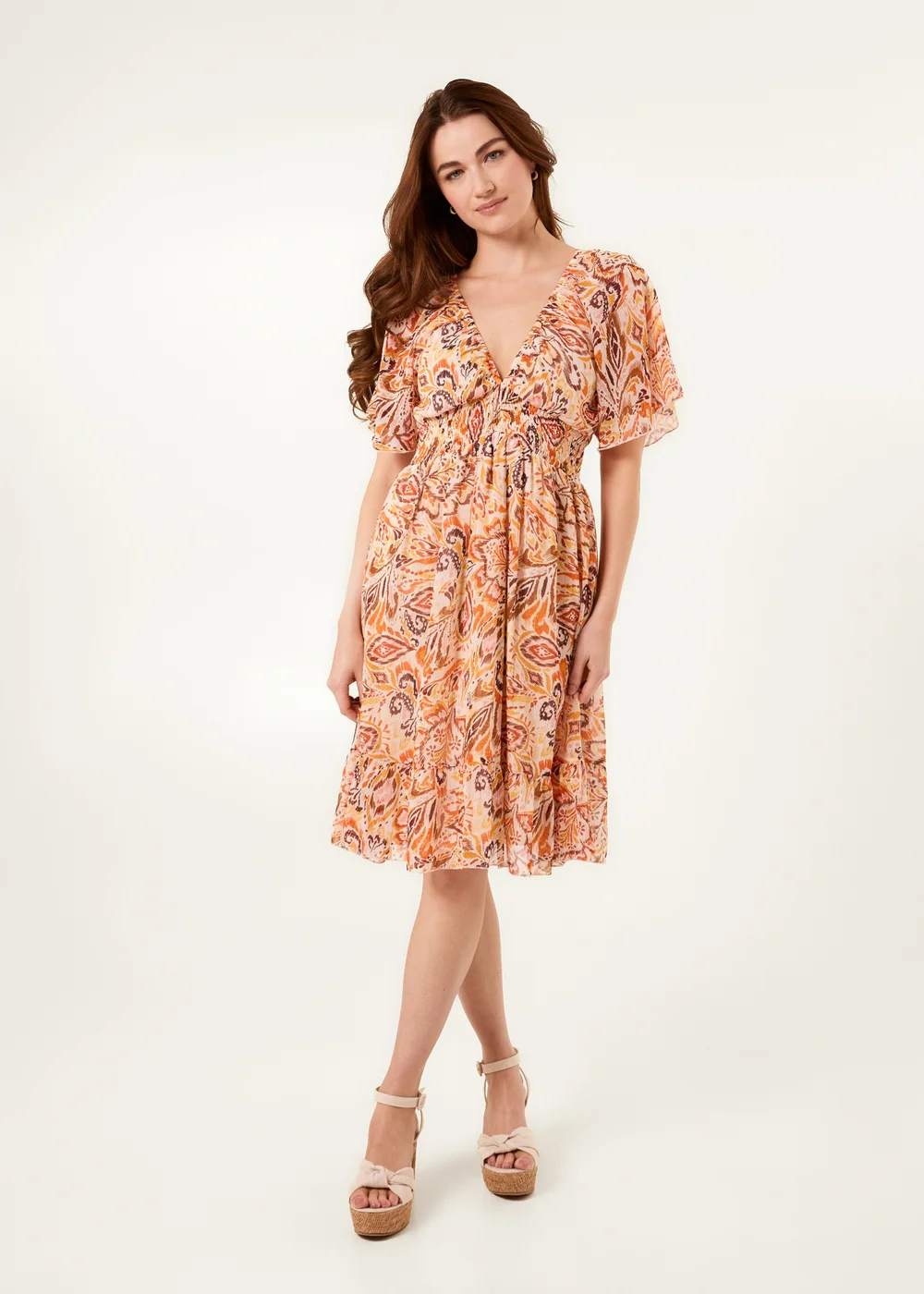 Blue Vanilla Orange V Neck Shirred Waist Mini Dress - L/XL Image 2