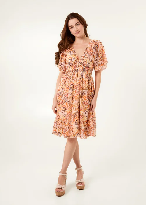 Blue Vanilla Orange V Neck Shirred Waist Mini Dress - L/XL Image 2