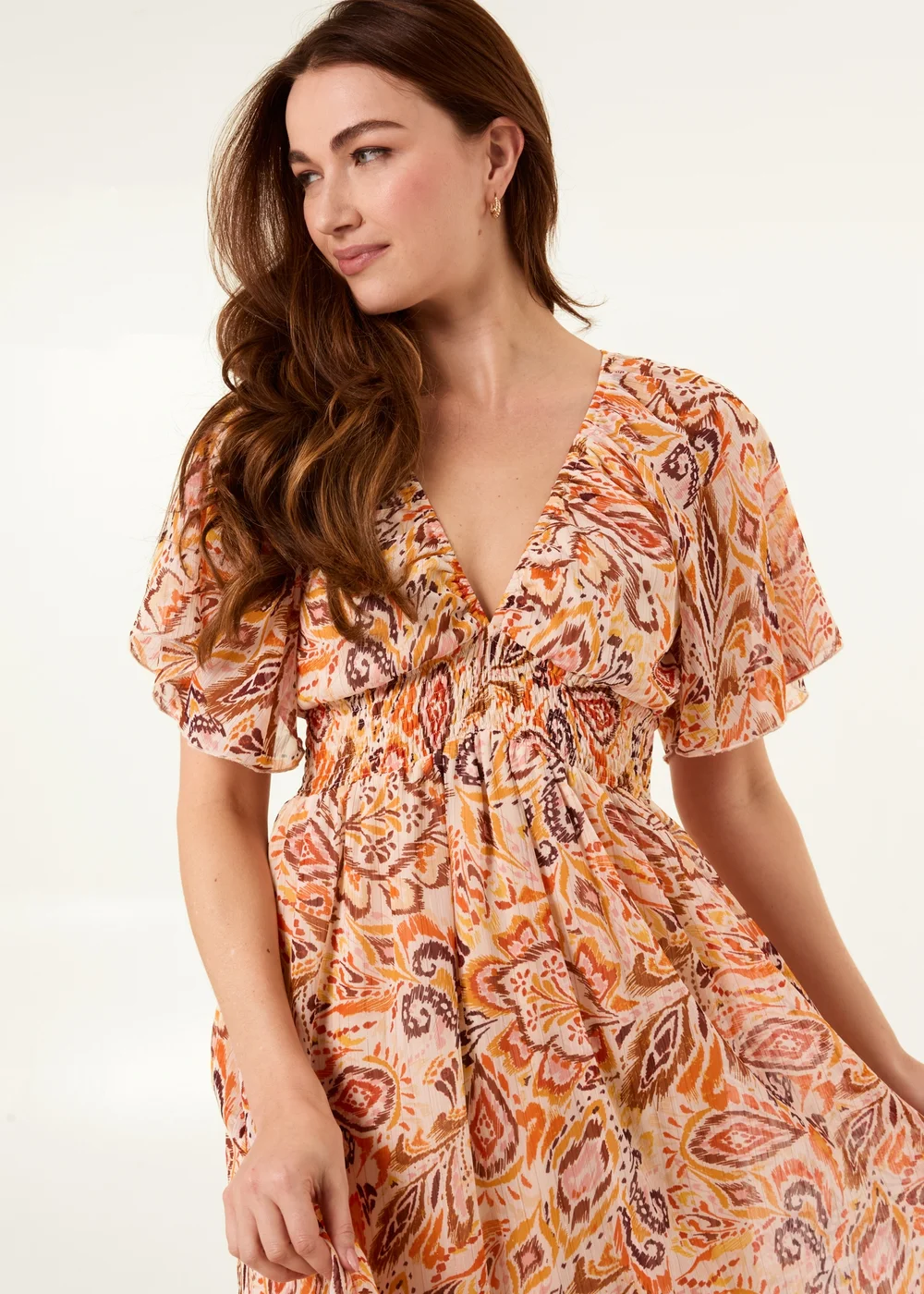 Blue Vanilla Orange V Neck Shirred Waist Mini Dress - L/XL Image 3