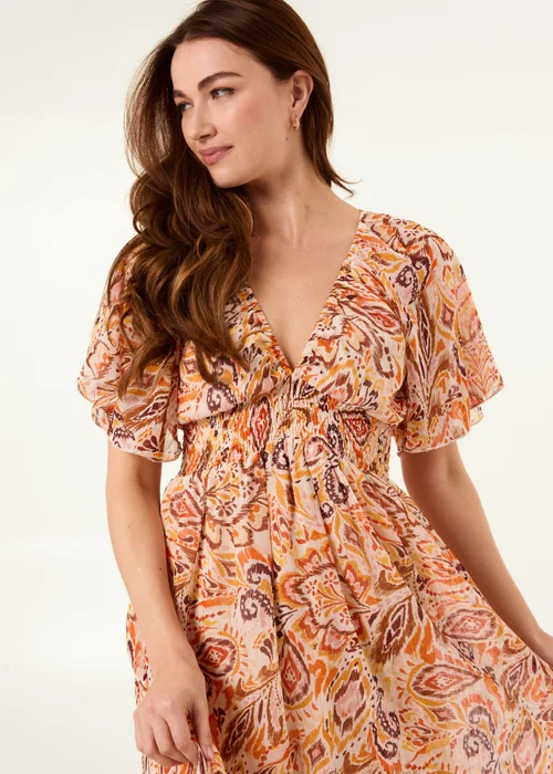 Blue Vanilla Orange V Neck Shirred Waist Mini Dress - L/XL Image 3