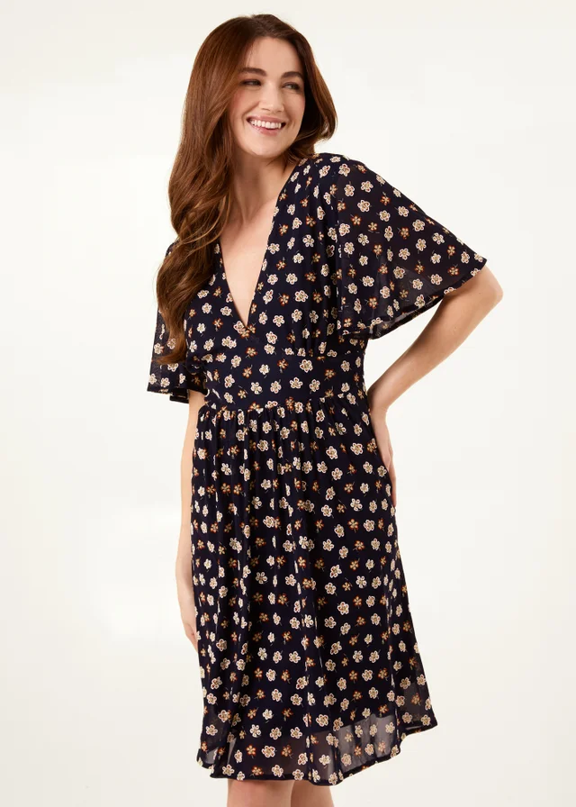 Blue Vanilla Navy V Neck Tie Back Flower Printed Mini Dress