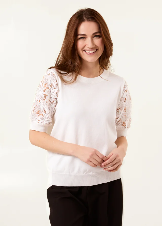 Blue Vanilla Ivory Embroidered Sleeve Top