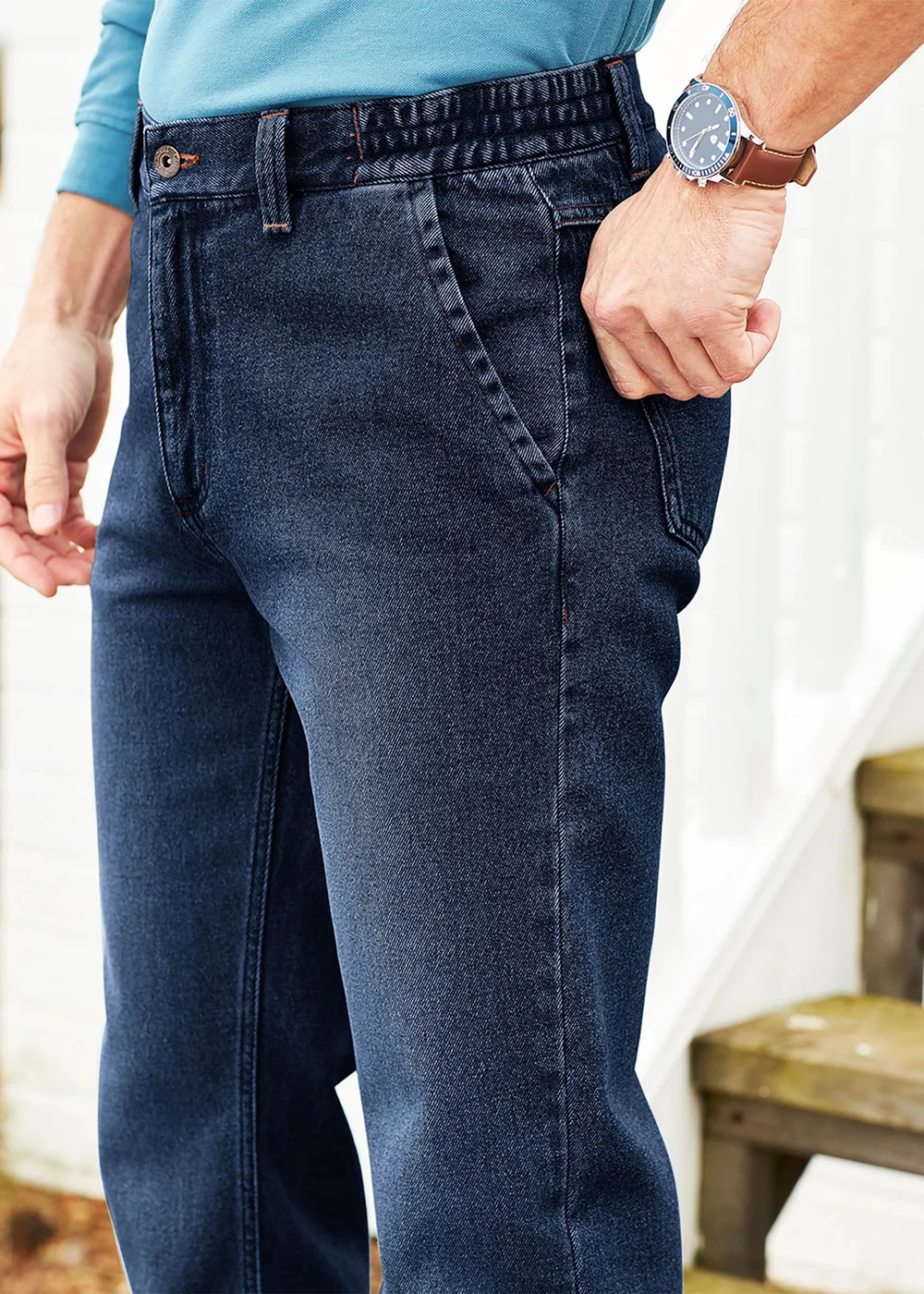 Cotton Traders Indigo Side Elasticated Straight-Fit Jeans - 46/L29 Image 2