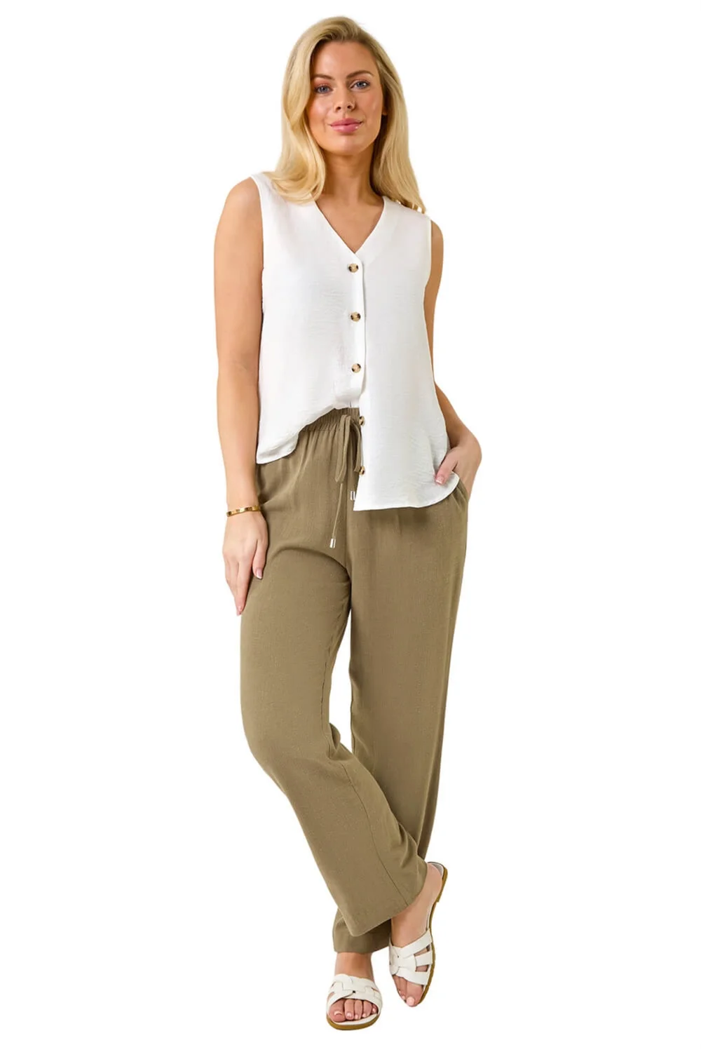 Roman Khaki Petite Linen Mix Trousers - 10 Image 2