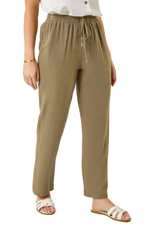 Roman Khaki Petite Linen Mix Trousers - 10 Image 1