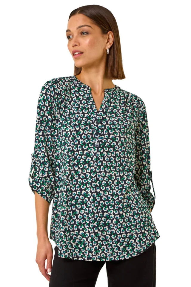 Roman Navy Floral Print 3 Button Shirt