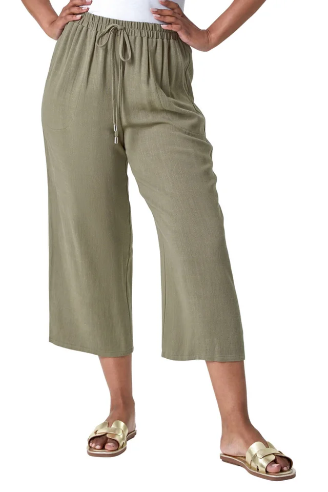 Roman Khaki Petite Linen Mix Wide Cropped Trousers
