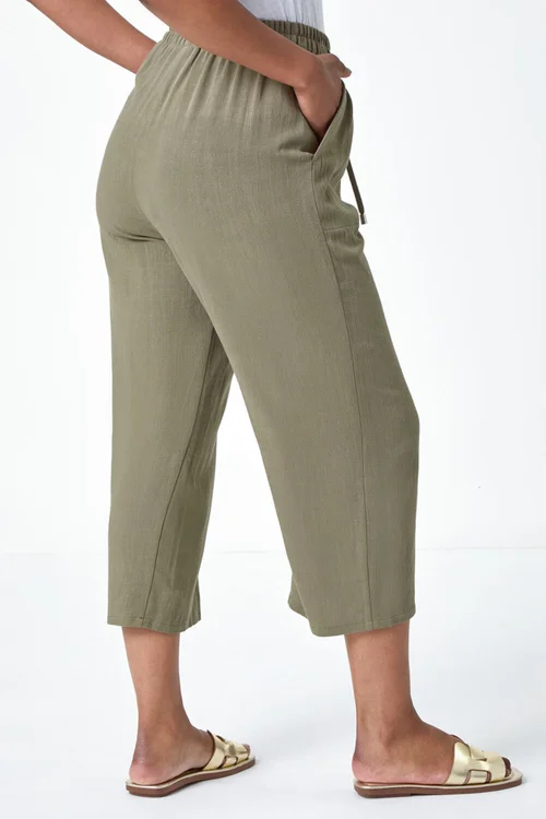 Roman Khaki Petite Linen Mix Wide Cropped Trousers - 16 Image 3