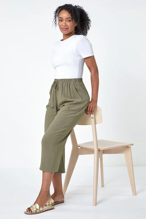 Roman Khaki Petite Linen Mix Wide Cropped Trousers - 16 Image 2