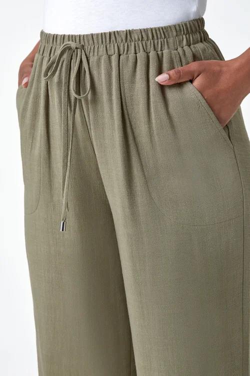 Roman Khaki Petite Linen Mix Wide Cropped Trousers - 16 Image 4