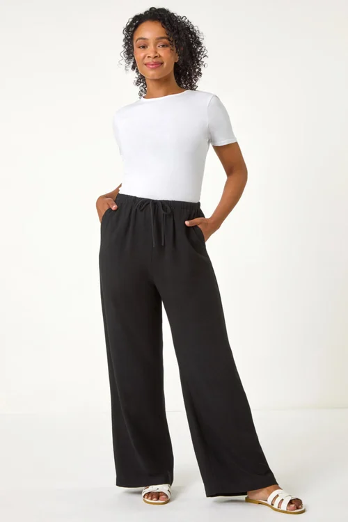 Roman Black Petite Linen Mix Wide Leg Trouser - 8 Image 3