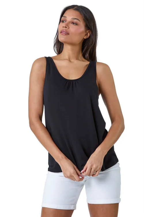 Roman Black Plain V-Neck Stretch Jersey Vest Top - Size 14 Image 1
