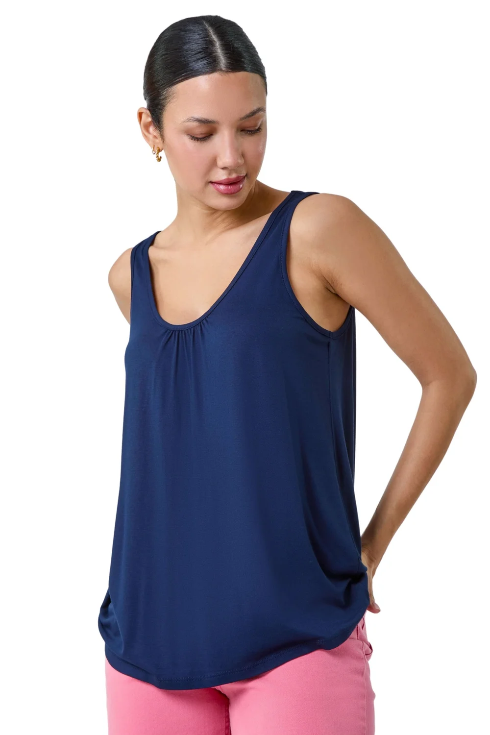 Roman Navy Plain V-Neck Stretch Jersey Vest Top - Size 14 Image 1