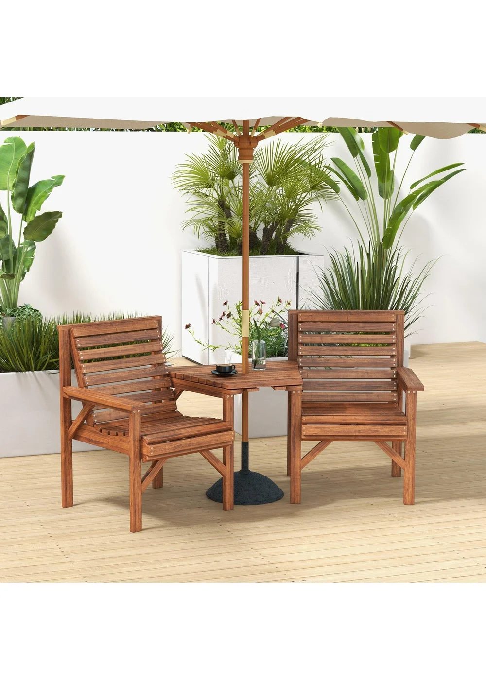 Outsunny Wooden Garden Love Seat with Coffee Table Umbrella Partner Bench - One Size Image 1