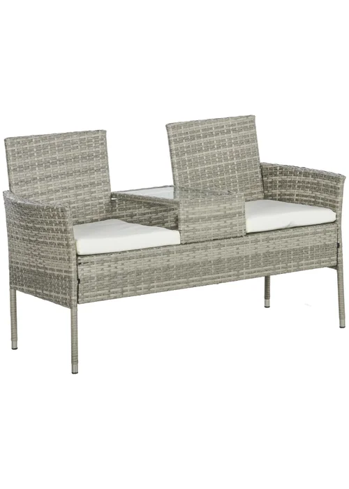 Outsunny Rattan Garden Bench Glass Tea Table Wicker Chair with Cushions - One Size Image 2