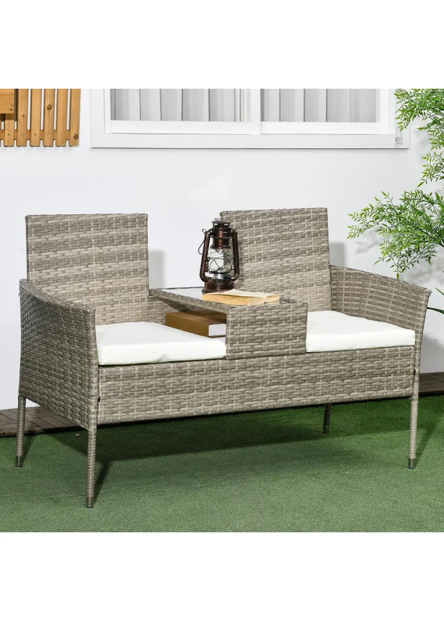 Outsunny Rattan Garden Bench Glass Tea Table Wicker Chair with Cushions