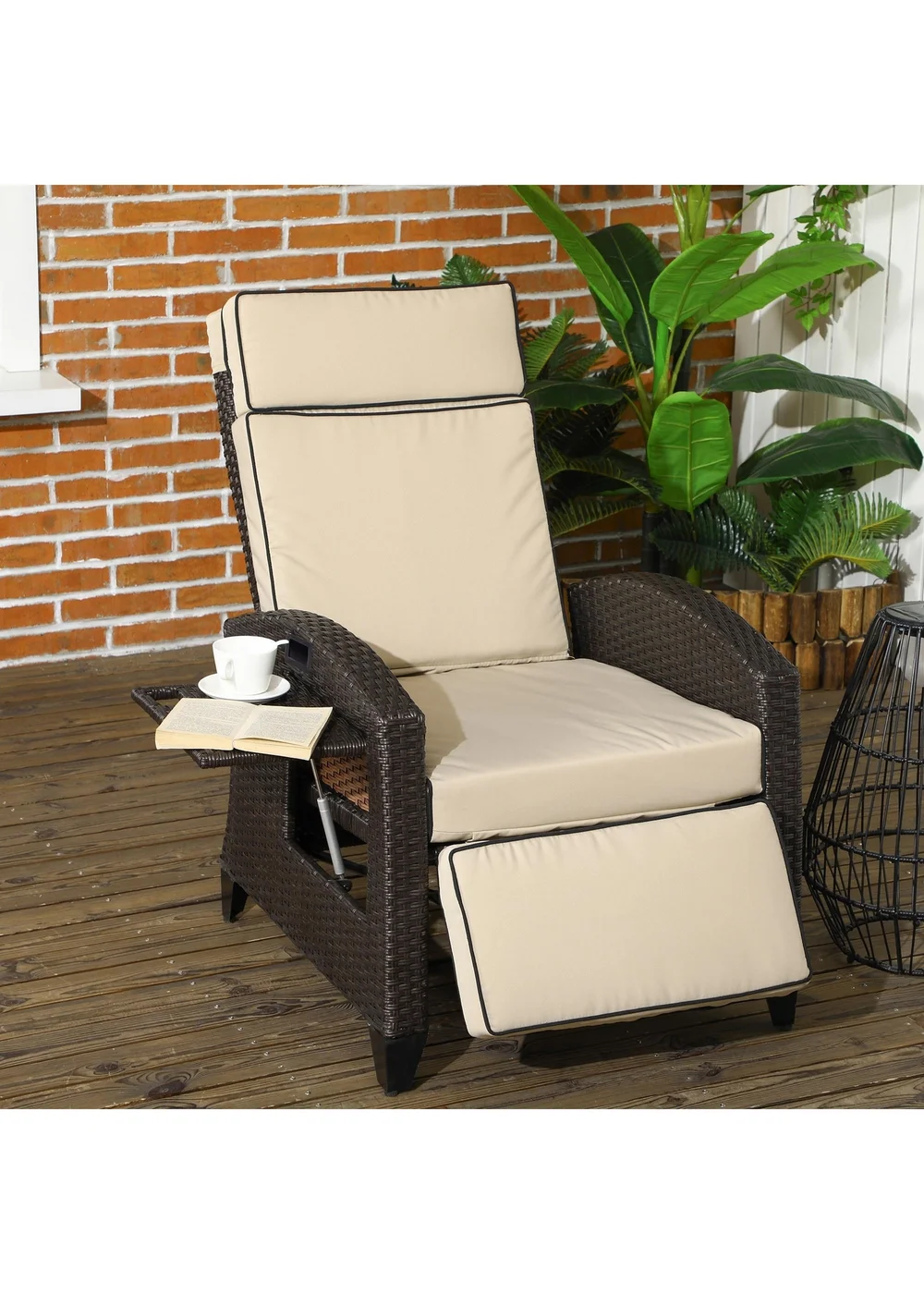 Outsunny Outdoor Recliner Chair with Cushion Rattan Lounge Chair - One Size Image 1