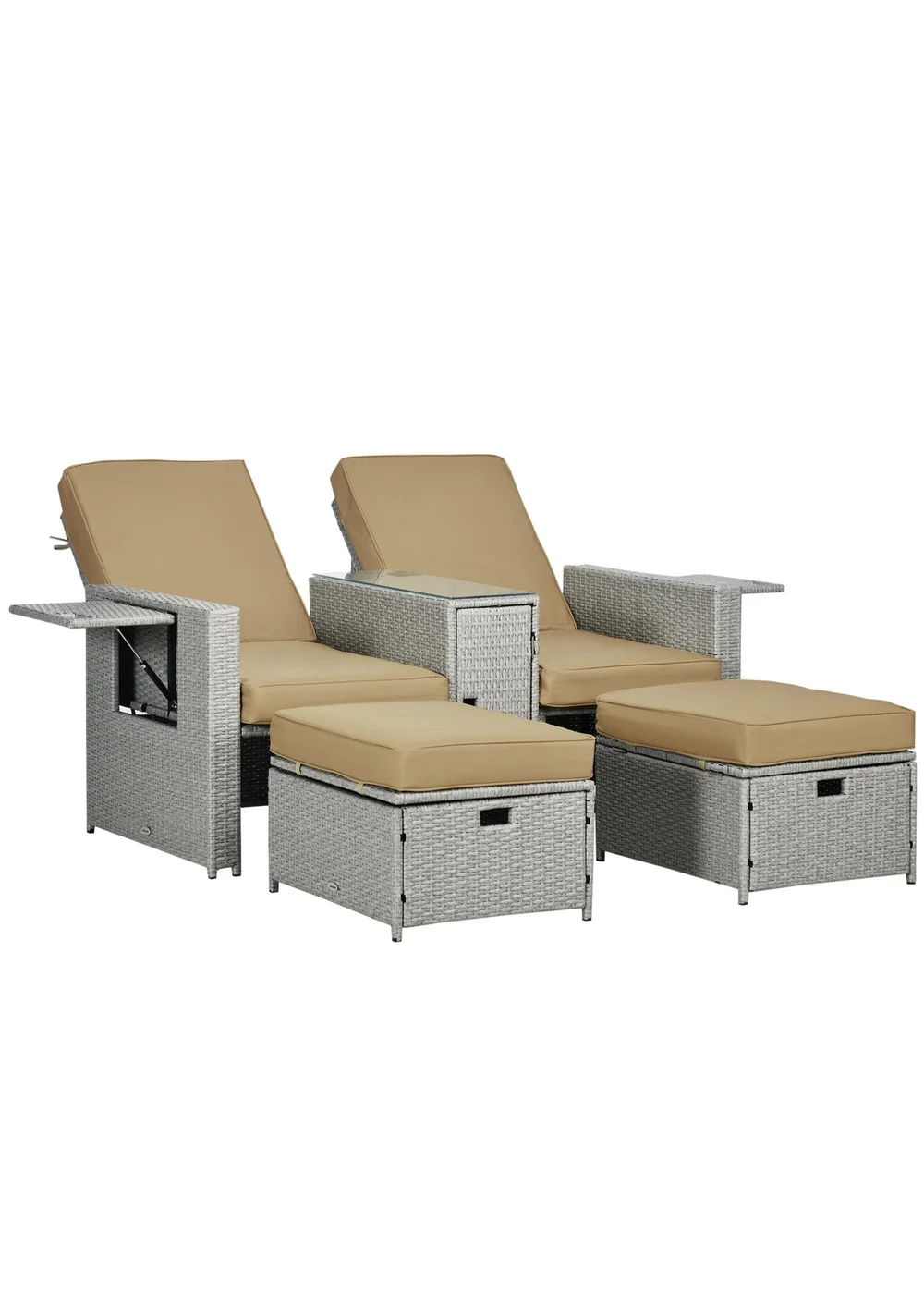 Outsunny Recliner Rattan Sun Lounger with Storage Tea Table and Footstools - One Size Image 2