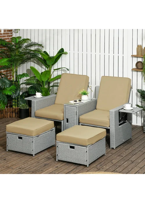 Outsunny Recliner Rattan Sun Lounger with Storage Tea Table and Footstools - One Size Image 1