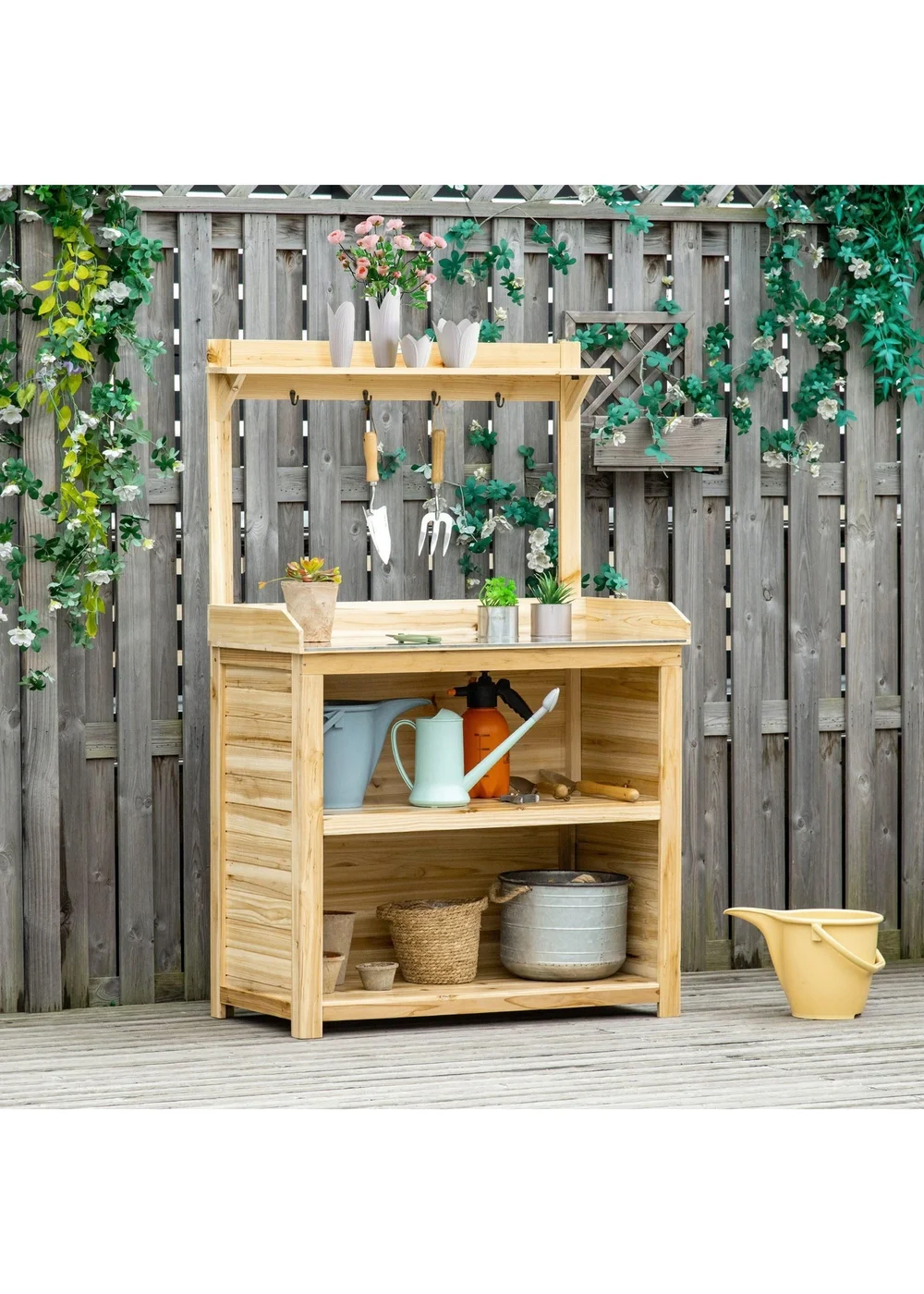 Outsunny Potting Bench Table Workstation with Galvanized Tabletop and Storage Shelf - One Size Image 1