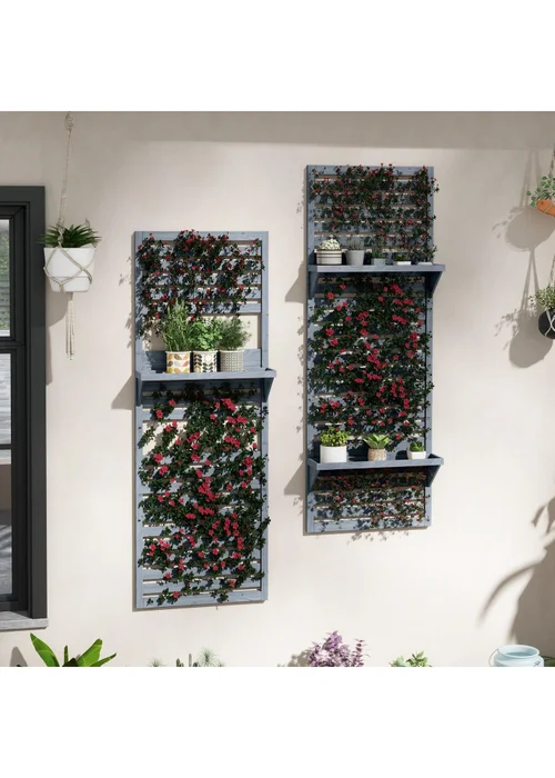 Outsunny Wall Mounted Plant Stands with Shelves & Slatted Trellis Set of 2 - One Size Image 1
