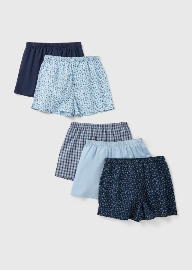 5 Pack Blue Woven Leaf Check Boxers