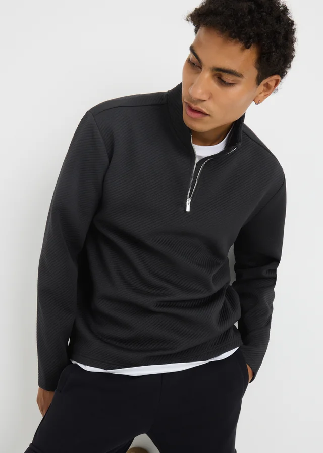 Black Quilted Texture Half Zip Sweatshirt