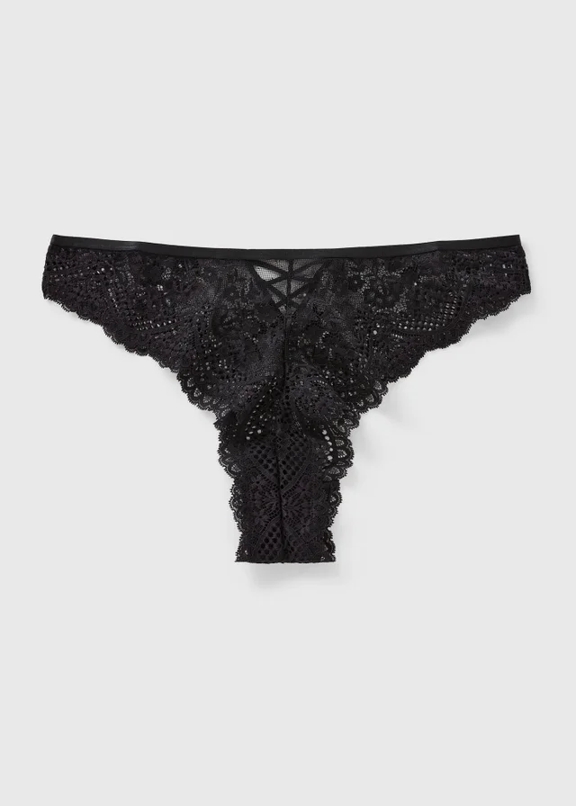 Black Cross Detail Lace Brazilian Knickers