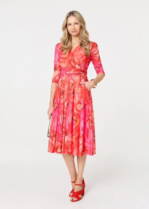 Izabel London Orange Floral Mesh Ruched Midi Faux Wrap Dress - 16 Image 3