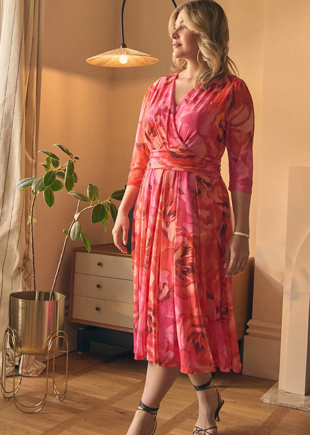 Izabel London Orange Floral Mesh Ruched Midi Faux Wrap Dress - 16 Image 1