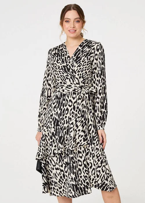 Izabel London Black Animal Print Ruffled Midi Wrap Dress - 8 Image 2