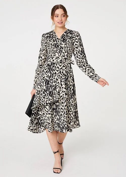 Izabel London Black Animal Print Ruffled Midi Wrap Dress - 8 Image 1