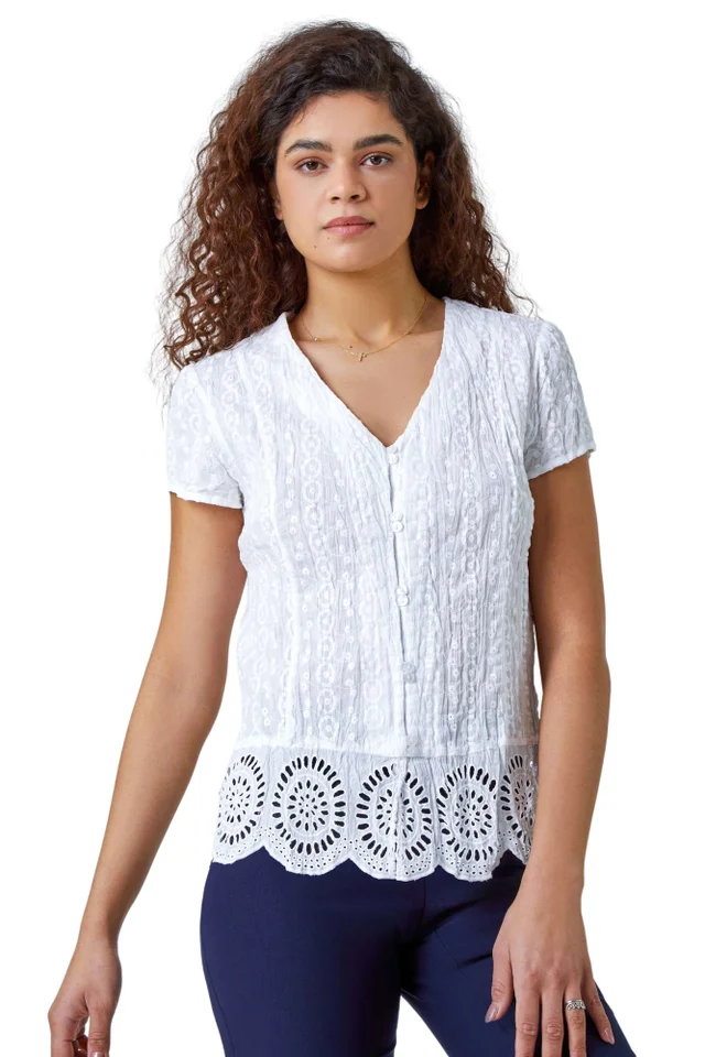 Roman White Cotton Embroidered Crinkle Blouse
