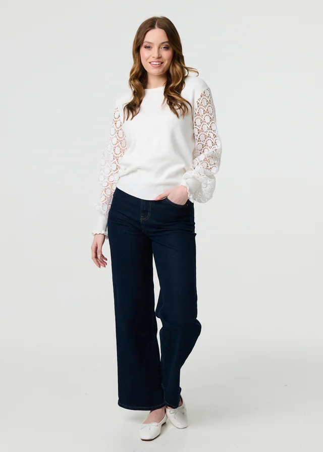 Izabel London White Sheer Lace Sleeve Knitted Jumper