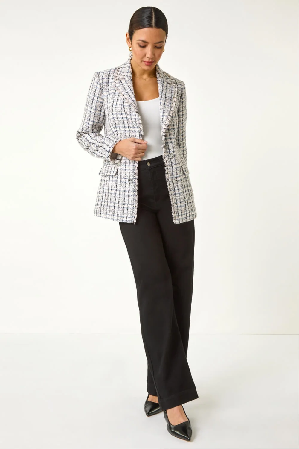 Roman Multi Check Frayed Edge Boucle Button Jacket - 16 Image 2