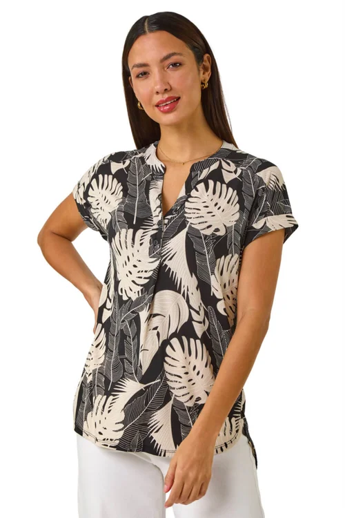 Roman Stone Textured Leaf Print V-Neck Stretch Top - Size 18 Image 1