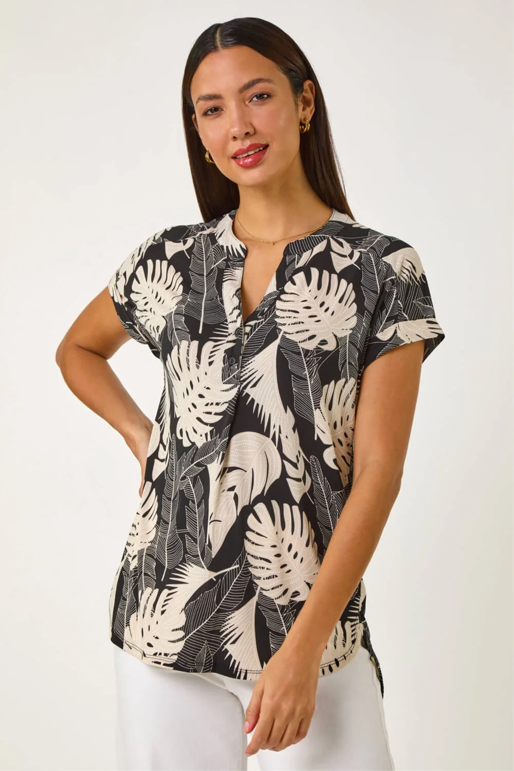 Roman Stone Textured Leaf Print V-Neck Stretch Top - 18 Image 4