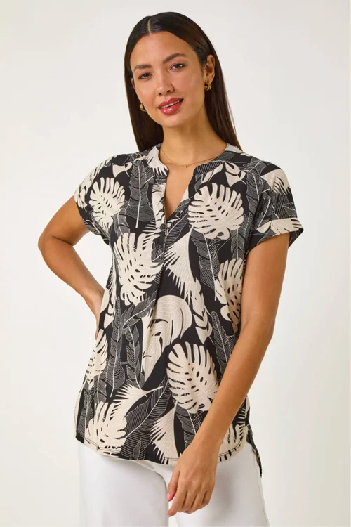 Roman Stone Textured Leaf Print V-Neck Stretch Top - 18 Image 4