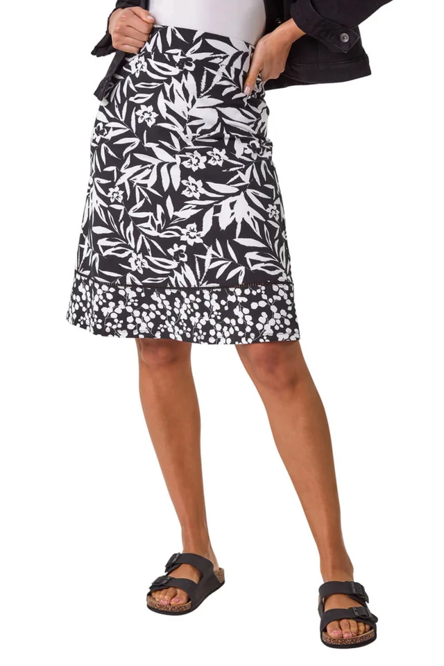 Roman Black A-Line Palm Mono Print Skirt