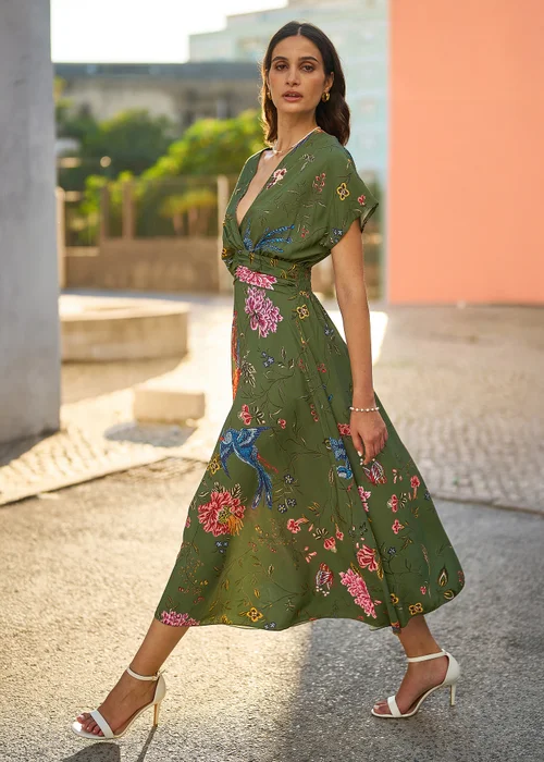 Yumi Green Bird and Floral Print Ruched Waist Kimono Midi Dress - 12 Image 2